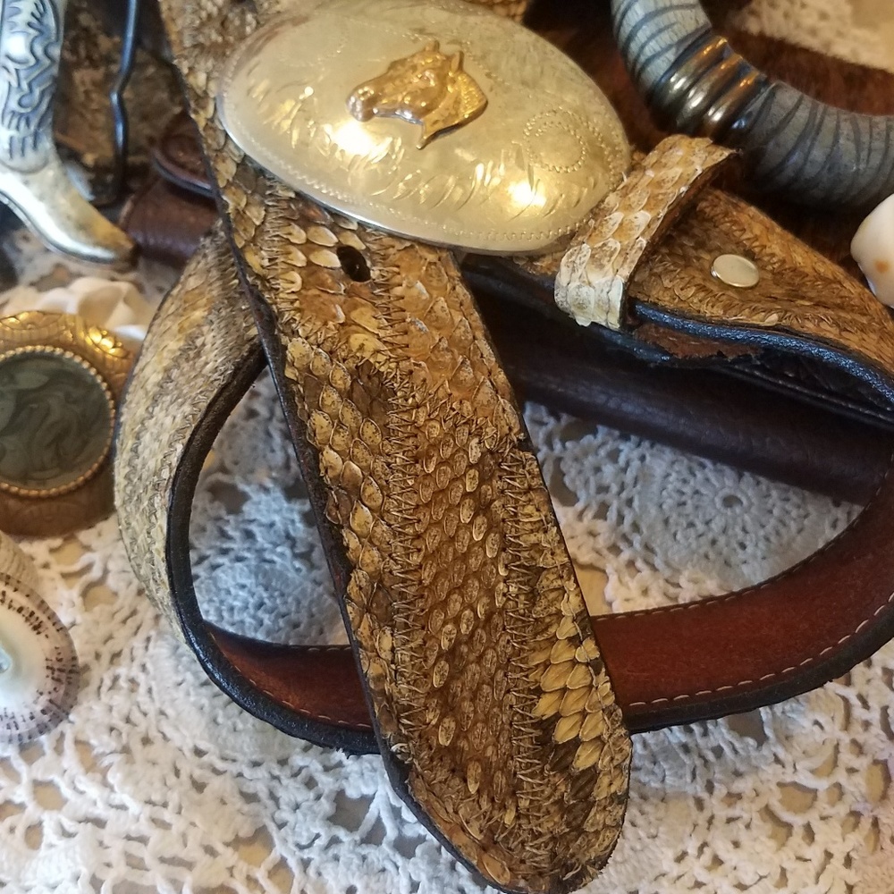 Set! Snakeskin Belt German Silver Horsehead Buckle